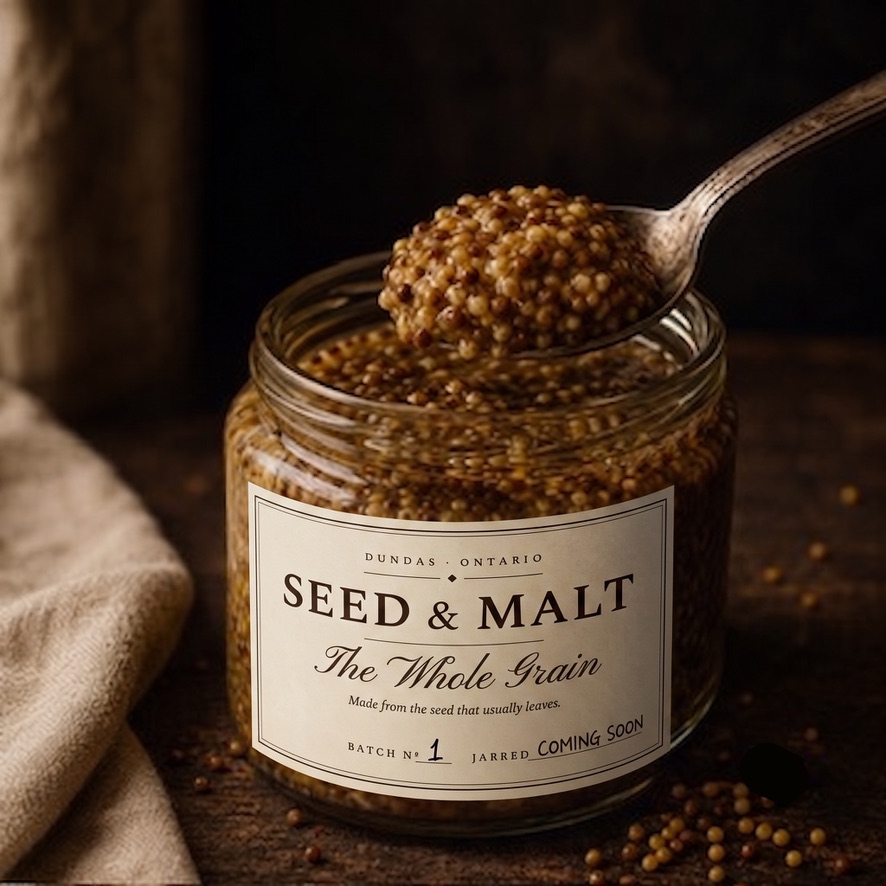 The Whole Grain — coarse whole mustard seeds on a spoon above the jar